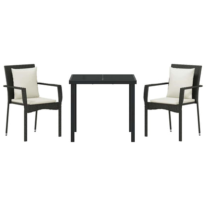 Tuin eettafelset met kussen 3 pcs Zwart poly rattan