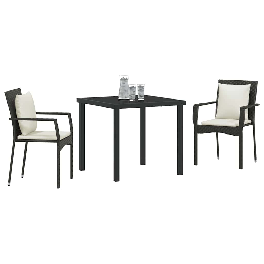 Tuin eettafelset met kussen 3 pcs Zwart poly rattan