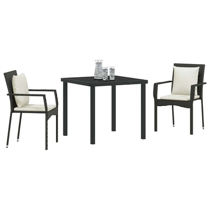 Tuin eettafelset met kussen 3 pcs Zwart poly rattan