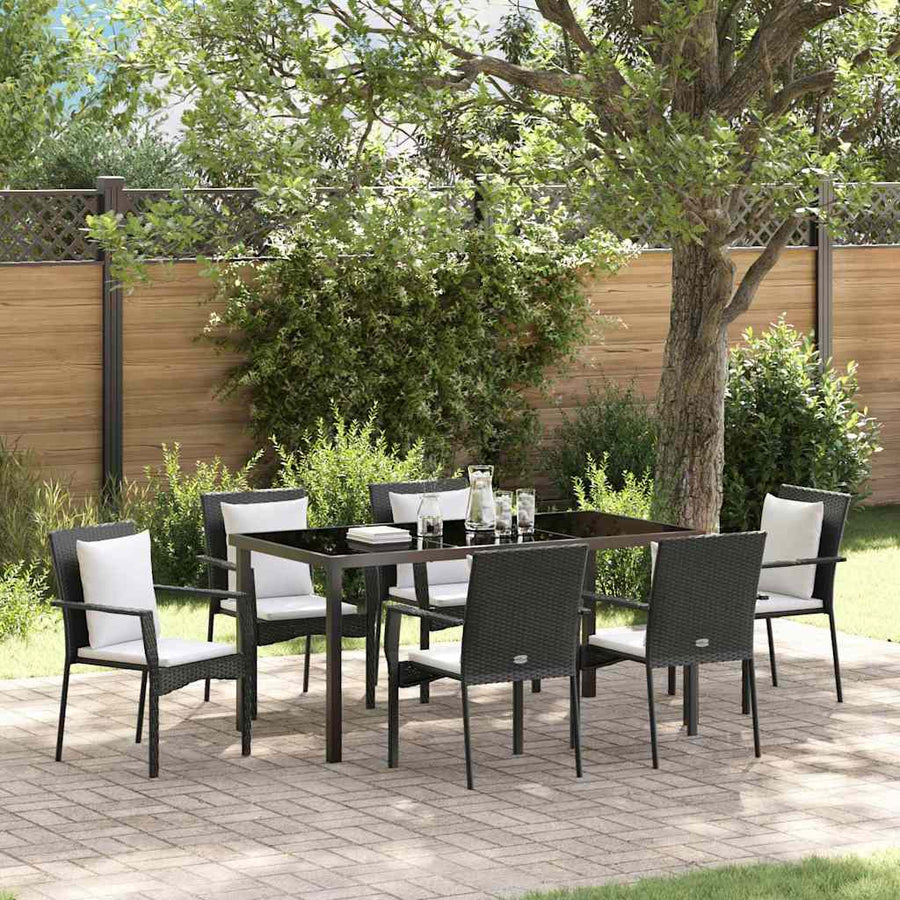 Tuin Eettafelset Met Kussen 7 Pcs Poly Rattan Zwart 200 cm