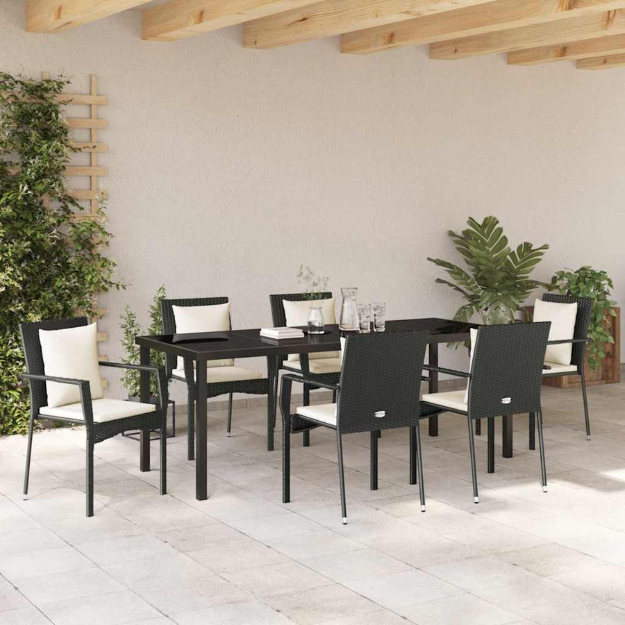 Tuin Eettafelset Met Kussen 7 Pcs Poly Rattan Zwart 200 cm