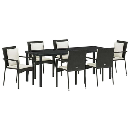 Tuin Eettafelset Met Kussen 7 Pcs Poly Rattan Zwart 200 cm