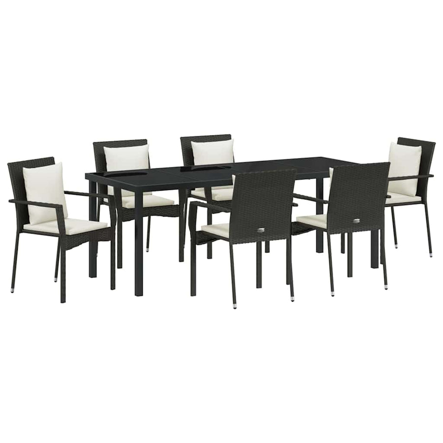 Tuin Eettafelset Met Kussen 7 Pcs Poly Rattan Zwart 200 cm