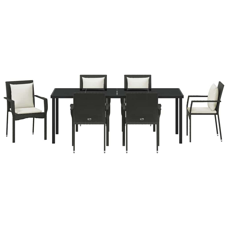 Tuin Eettafelset Met Kussen 7 Pcs Poly Rattan Zwart 200 cm