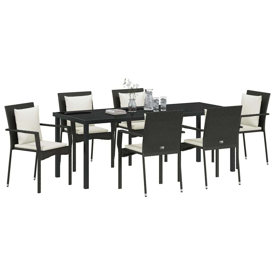 Tuin Eettafelset Met Kussen 7 Pcs Poly Rattan Zwart 200 cm
