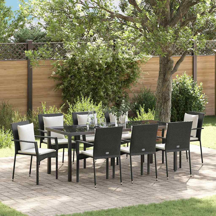 Tuin Eettafelset Met Kussen 9 Pcs Zwart Poly Rattan
