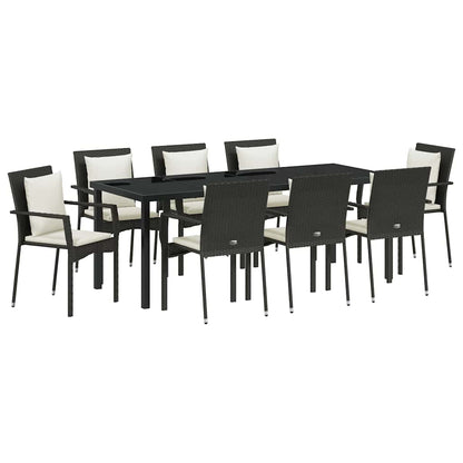 Tuin Eettafelset Met Kussen 9 Pcs Zwart Poly Rattan