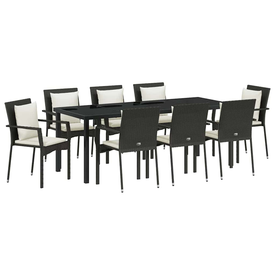Tuin Eettafelset Met Kussen 9 Pcs Zwart Poly Rattan