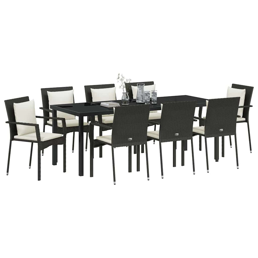 Tuin Eettafelset Met Kussen 9 Pcs Zwart Poly Rattan