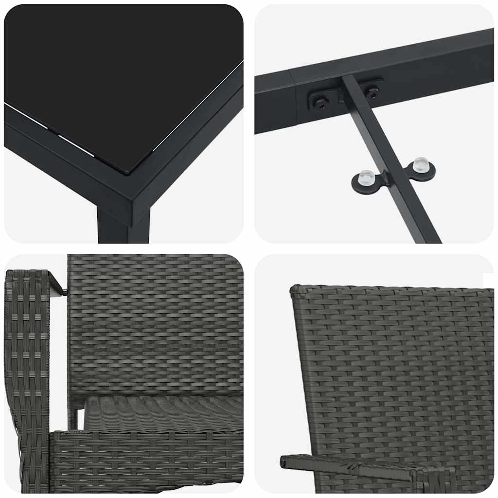Tuin eettafelset met kussen 3 pcs Zwart poly rattan