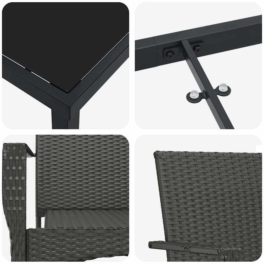 Tuin eettafelset met kussen 3 pcs Zwart poly rattan