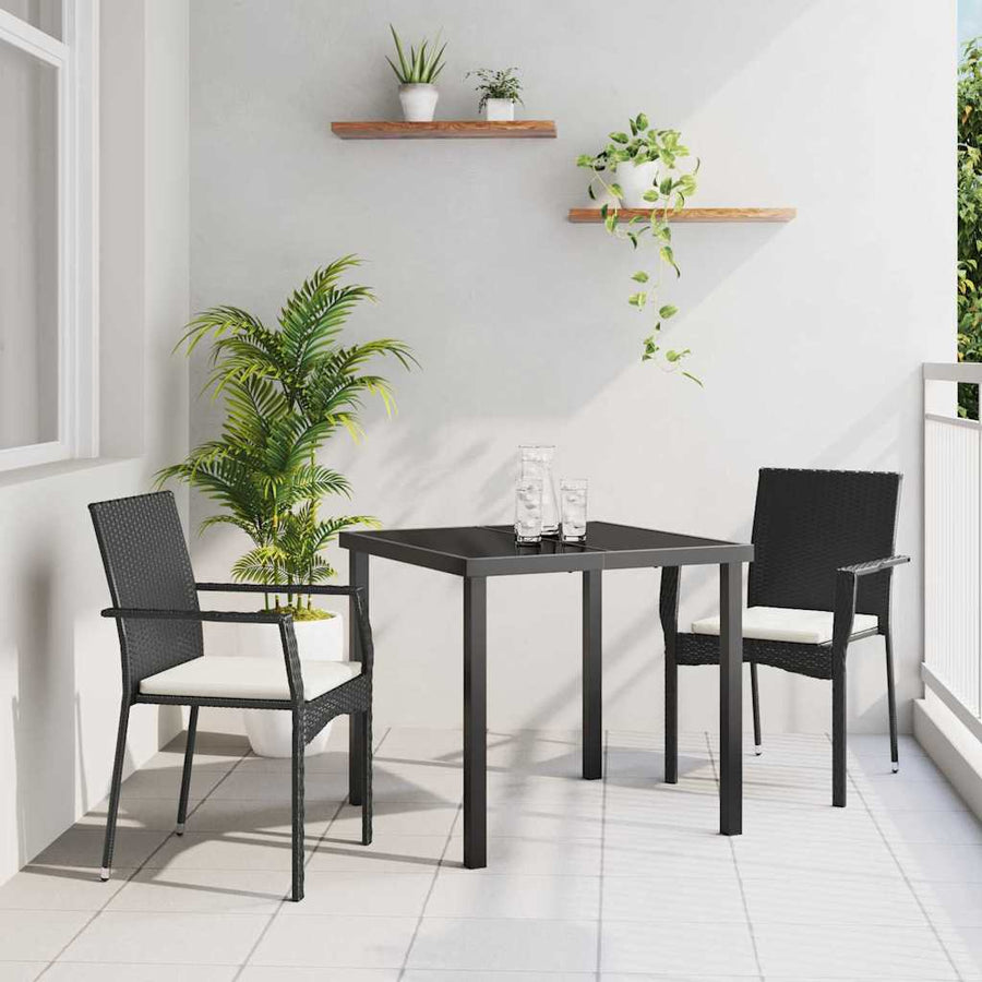 Tuin eettafelset met kussen 3 pcs Zwart poly rattan