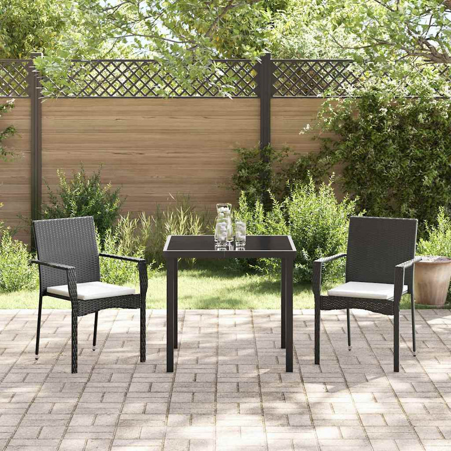 Tuin eettafelset met kussen 3 pcs Zwart poly rattan