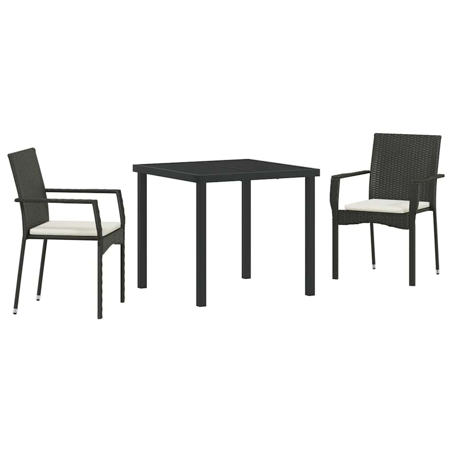 Tuin eettafelset met kussen 3 pcs Zwart poly rattan