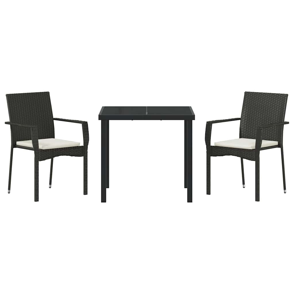 Tuin eettafelset met kussen 3 pcs Zwart poly rattan