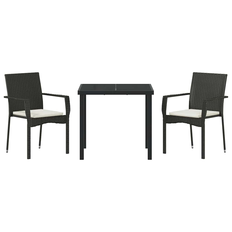 Tuin eettafelset met kussen 3 pcs Zwart poly rattan
