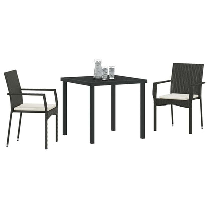 Tuin eettafelset met kussen 3 pcs Zwart poly rattan