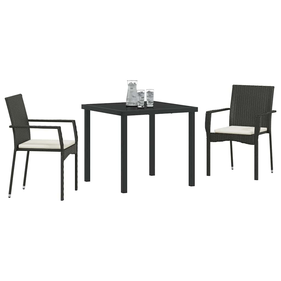 Tuin eettafelset met kussen 3 pcs Zwart poly rattan