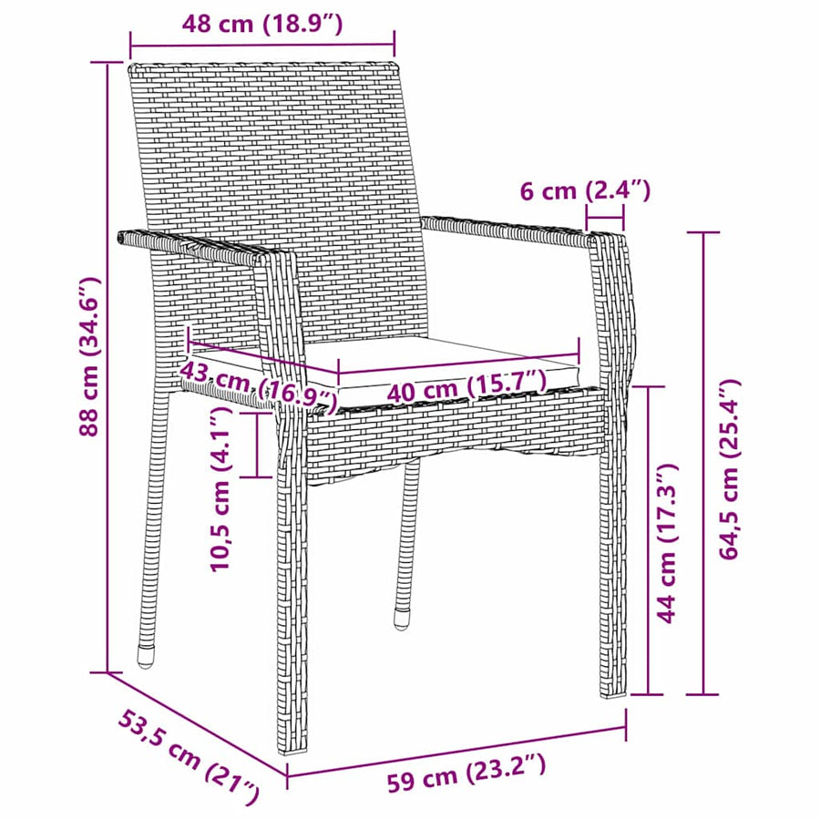 Tuin eettafelset met kussen 3 pcs Zwart poly rattan
