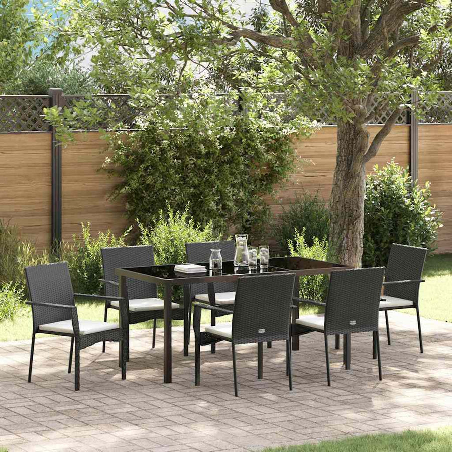 Tuin Eettafelset Met Kussen 7 Pcs Zwart Poly Rattan