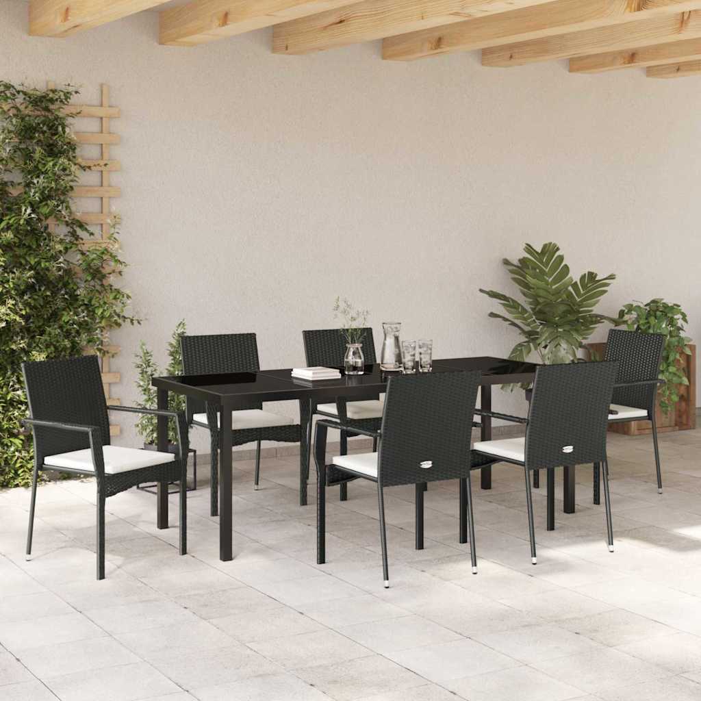 Tuin Eettafelset Met Kussen 7 Pcs Zwart Poly Rattan
