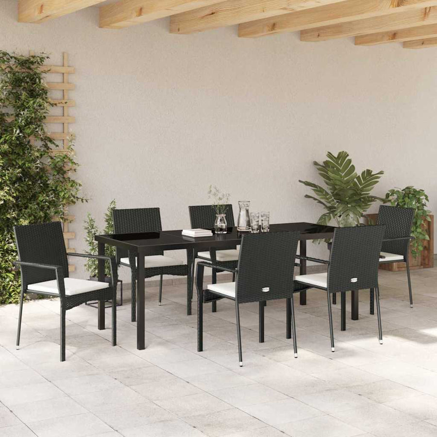 Tuin Eettafelset Met Kussen 7 Pcs Zwart Poly Rattan