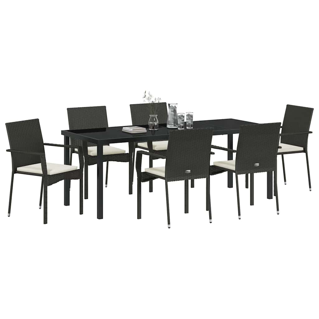 Tuin Eettafelset Met Kussen 7 Pcs Zwart Poly Rattan
