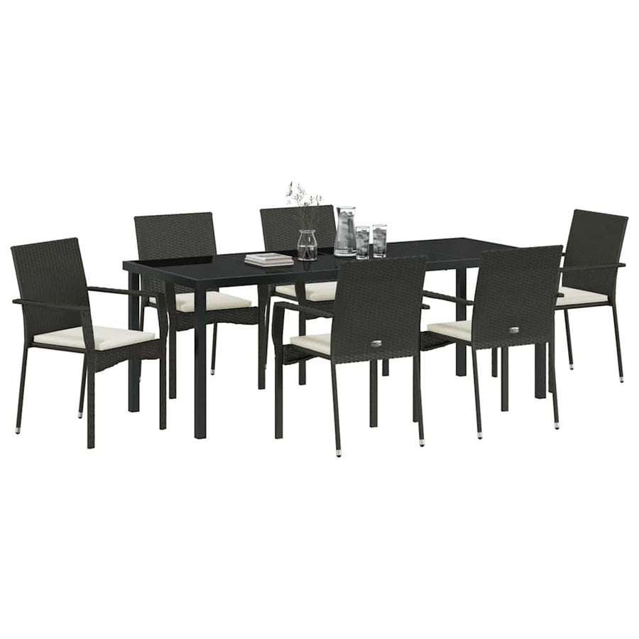 Tuin Eettafelset Met Kussen 7 Pcs Zwart Poly Rattan