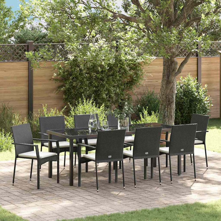Tuin Eettafelset Met Kussen 9 Pcs Zwart Poly Rattan
