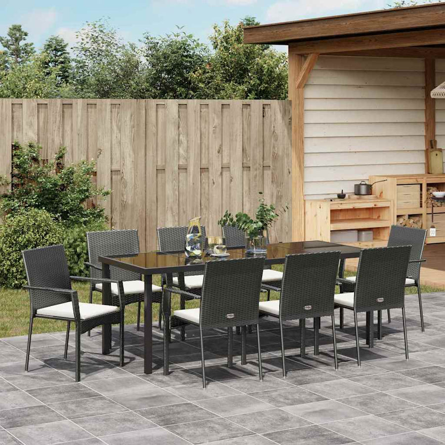 Tuin Eettafelset Met Kussen 9 Pcs Zwart Poly Rattan