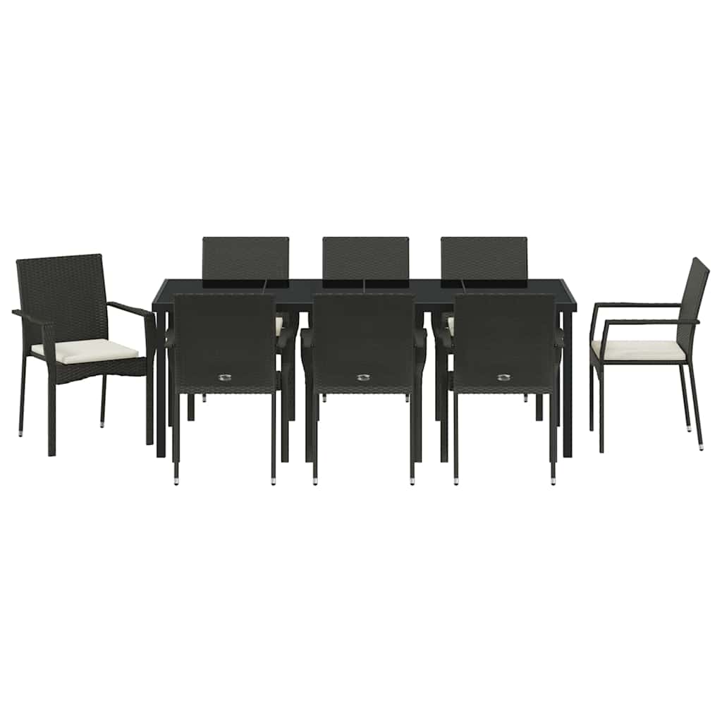Tuin Eettafelset Met Kussen 9 Pcs Zwart Poly Rattan
