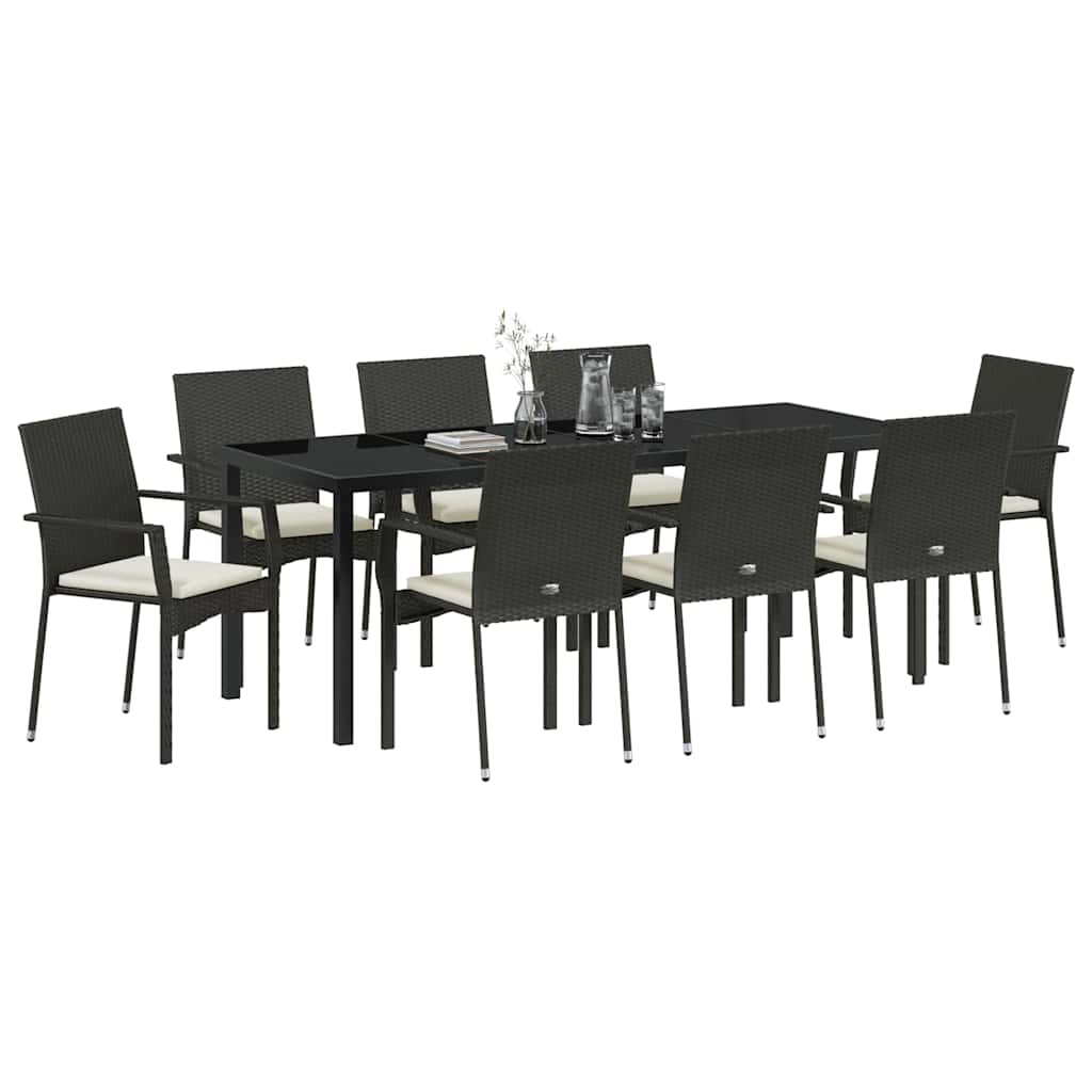 Tuin Eettafelset Met Kussen 9 Pcs Zwart Poly Rattan