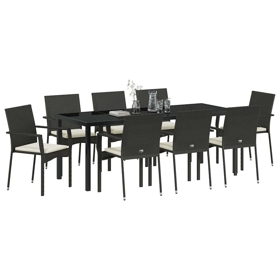 Tuin Eettafelset Met Kussen 9 Pcs Zwart Poly Rattan