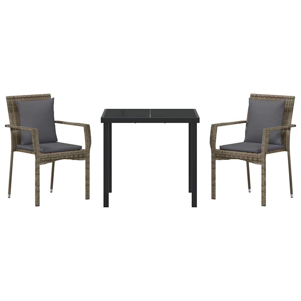 Tuin eettafelset met kussen 3 pcs Grijs poly rattan
