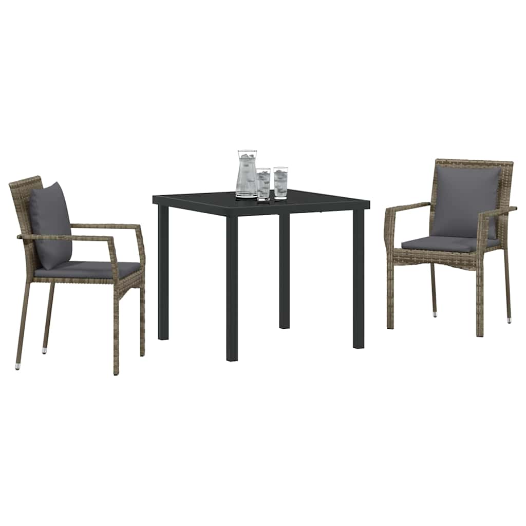 Tuin eettafelset met kussen 3 pcs Grijs poly rattan