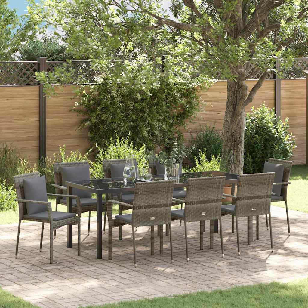 Tuin Eettafelset Met Kussen 9 Pcs Grijs Poly Rattan
