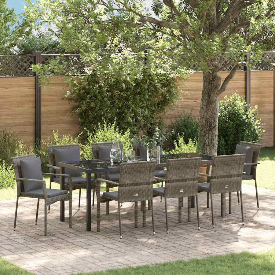 Tuin Eettafelset Met Kussen 9 Pcs Grijs Poly Rattan