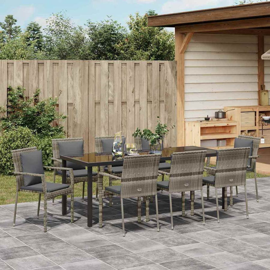 Tuin Eettafelset Met Kussen 9 Pcs Grijs Poly Rattan