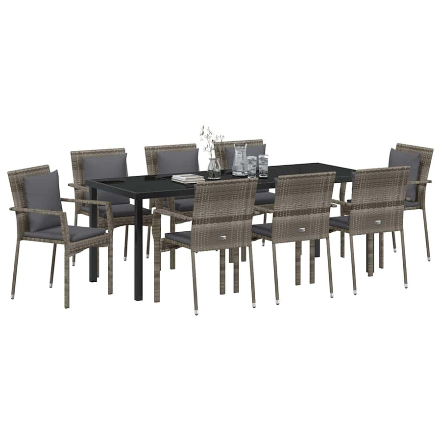 Tuin Eettafelset Met Kussen 9 Pcs Grijs Poly Rattan