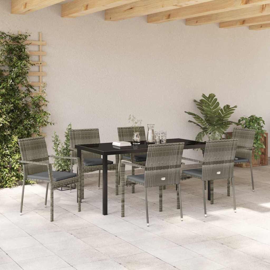 Tuin eettafelset met kussen 7 pcs Grijs poly rattan
