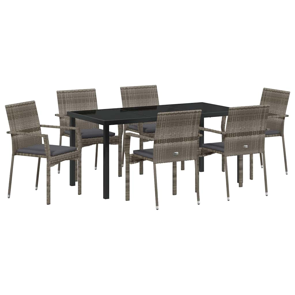 Tuin eettafelset met kussen 7 pcs Grijs poly rattan