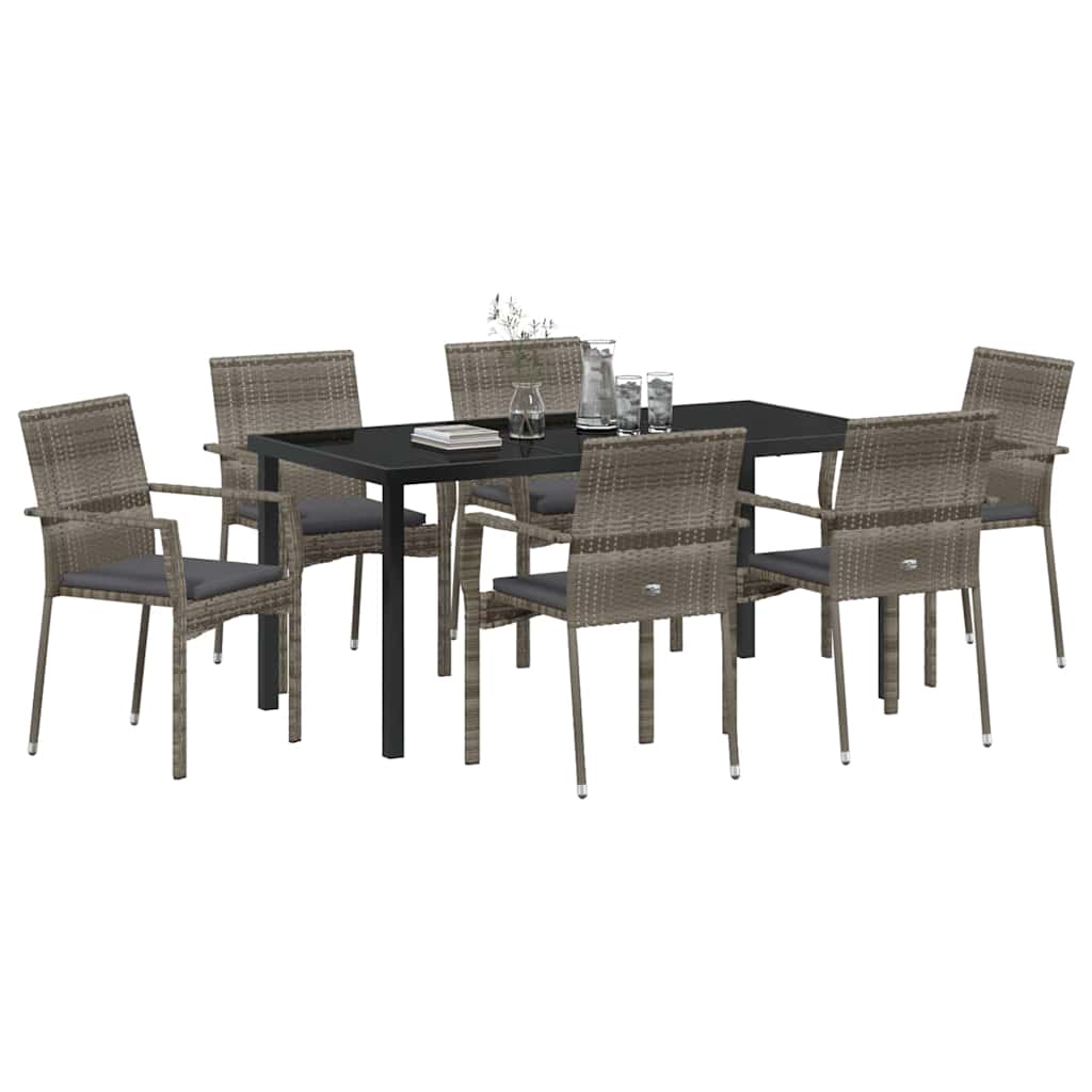 Tuin eettafelset met kussen 7 pcs Grijs poly rattan
