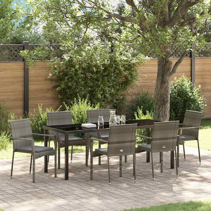 Tuin Eettafelset Met Kussen 7 Pcs Grijs Poly Rattan