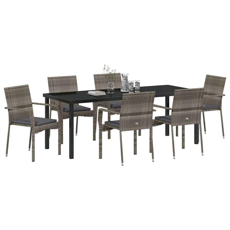 Tuin Eettafelset Met Kussen 7 Pcs Grijs Poly Rattan