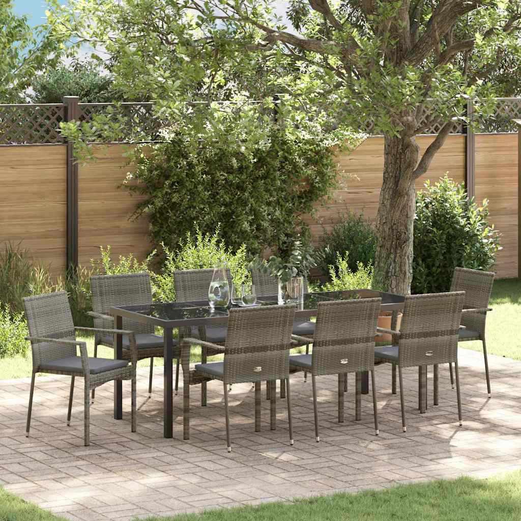 Tuin Eettafelset Met Kussen 9 Pcs Grijs Poly Rattan