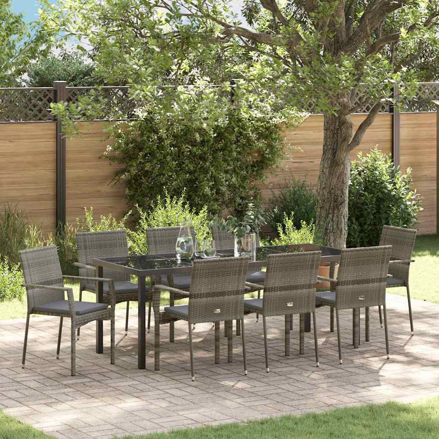 Tuin Eettafelset Met Kussen 9 Pcs Grijs Poly Rattan