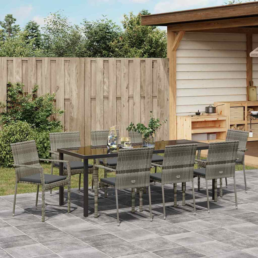 Tuin Eettafelset Met Kussen 9 Pcs Grijs Poly Rattan