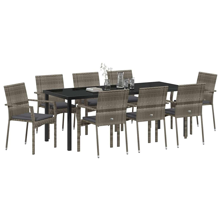 Tuin Eettafelset Met Kussen 9 Pcs Grijs Poly Rattan