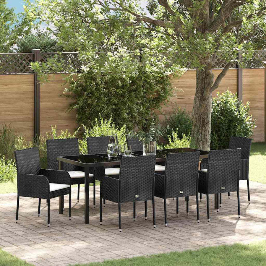 Tuin Eettafelset Met Kussen 9 Pcs Zwart Poly Rattan