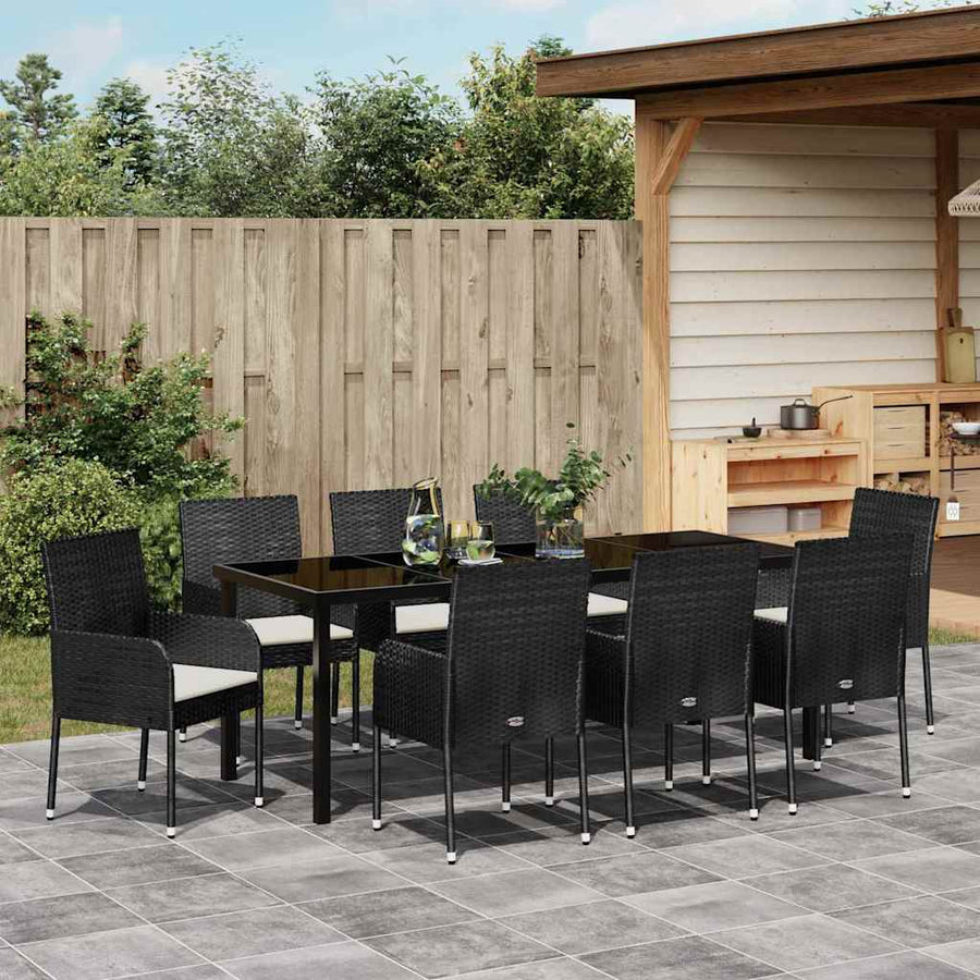 Tuin Eettafelset Met Kussen 9 Pcs Zwart Poly Rattan